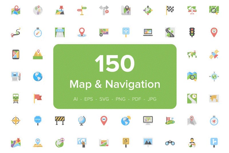 150 Map and Navigation Flat Icons