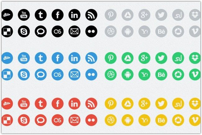 20 round social media icons in 6 colors