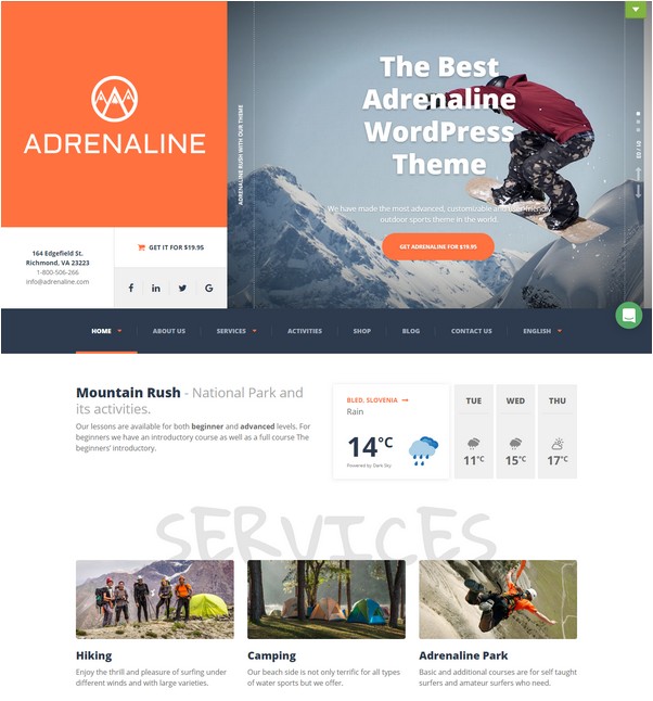 Extreme sports WordPress theme for outdoor adventure businesses - Adrenaline