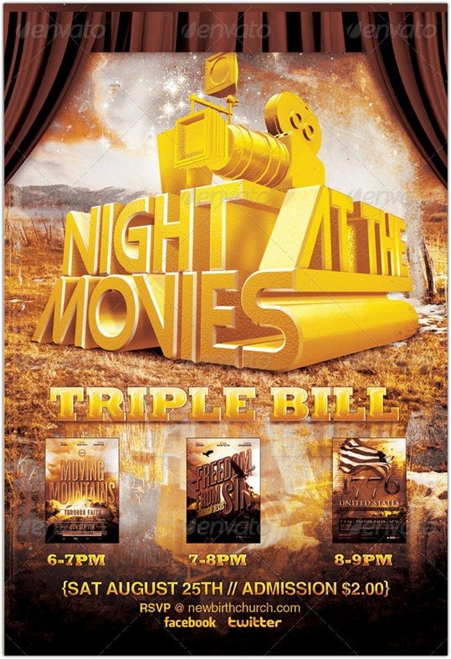 Night at the Movies Church Flyer and Ticket