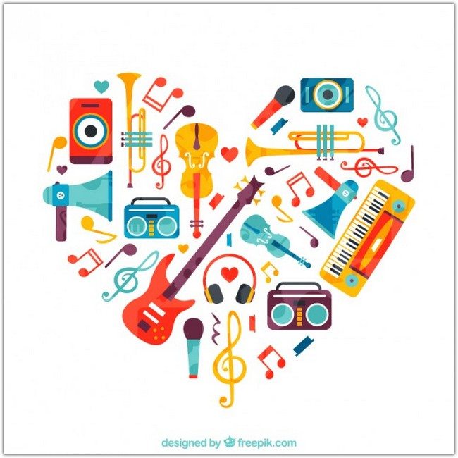 Heart made of music instruments Free Vector