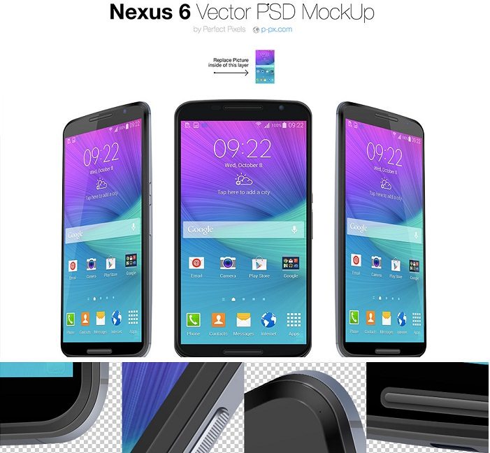 Nexus 6 Front + 3 4 views Vector PSD MockUp