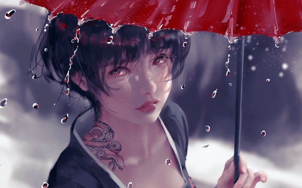Anime Girl in Rain With Umbrella-4000×2500