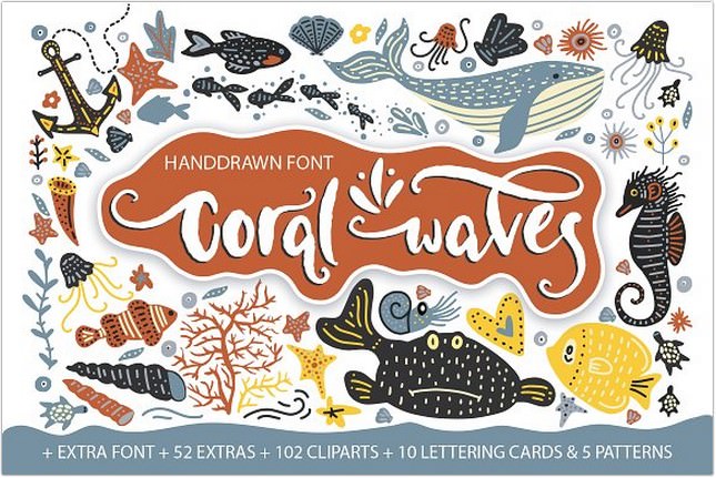 Coral Waves. Font And Clip Arts