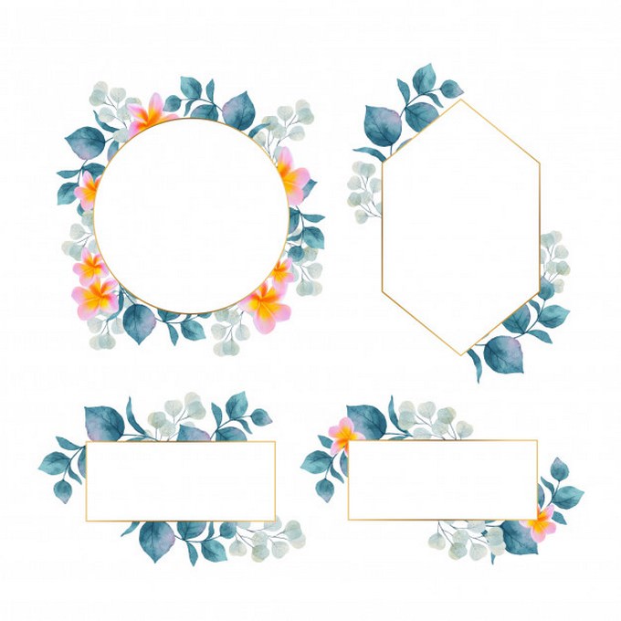 Watercolor Floral Frame With Gold Frame Collection