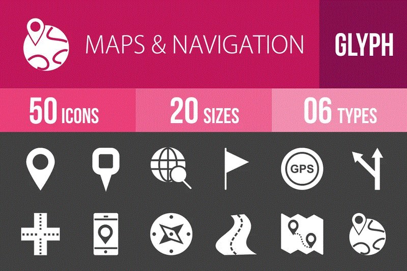 50 Maps Glyph Inverted Icons