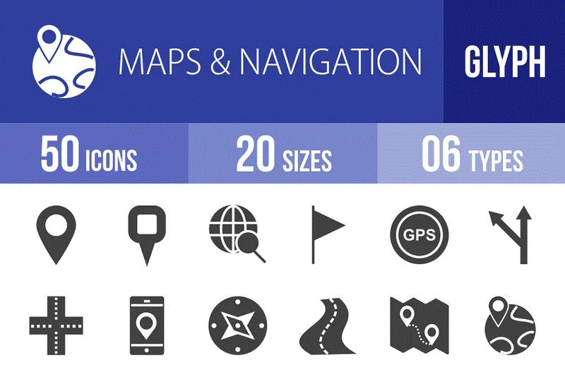 50 Maps & Navigation Glyph Icons