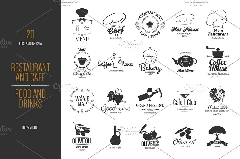 Big set of 20 Food and Drinks logos