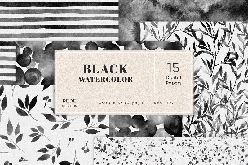 Black Watercolor Digital Papers