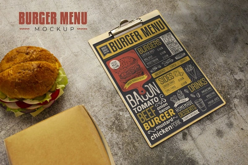 fast food with takeaway box, Burger Menu Mock-up