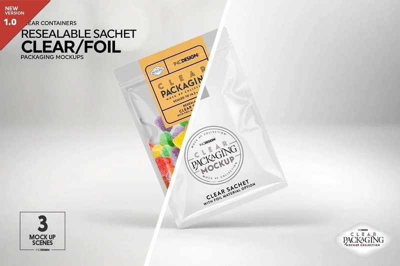 Clear Resealable Foil Sachet Packaging Mockup