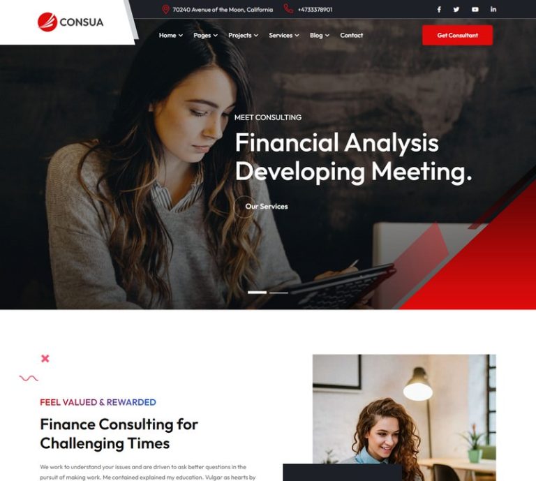 31 Best Consulting Website Templates 2024 Templatefor   Consua Consulting Business HTML Template 768x689 