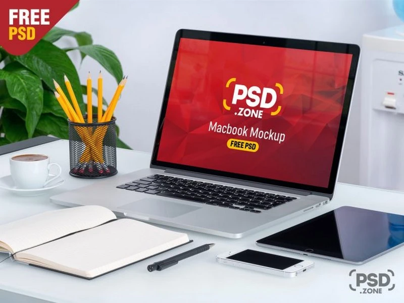 Macbook on Desk Mockup PSD