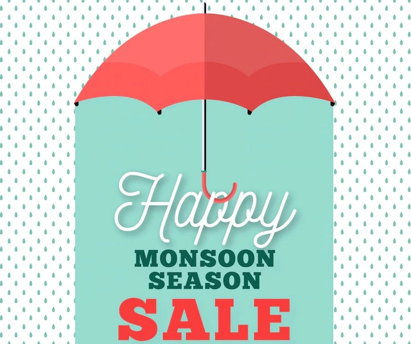 Retro Monsoon Sale Background With Umbrella And Drops - Vector Free