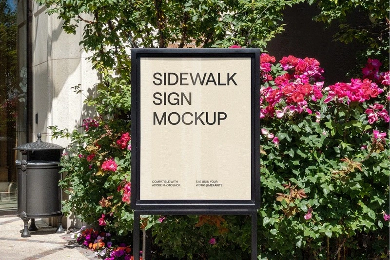 Sidewalk Sign Mockup with Flowers