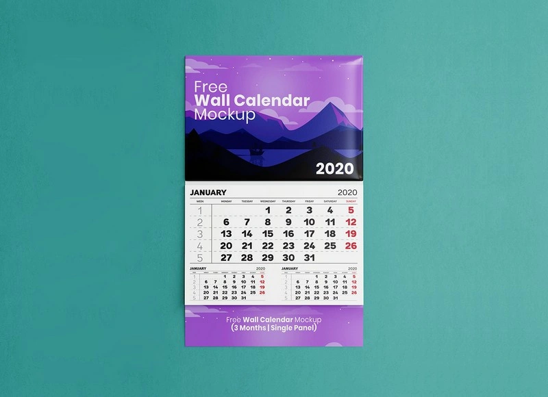 Single Panel 3 Month Wall Calendar Mockup 2020