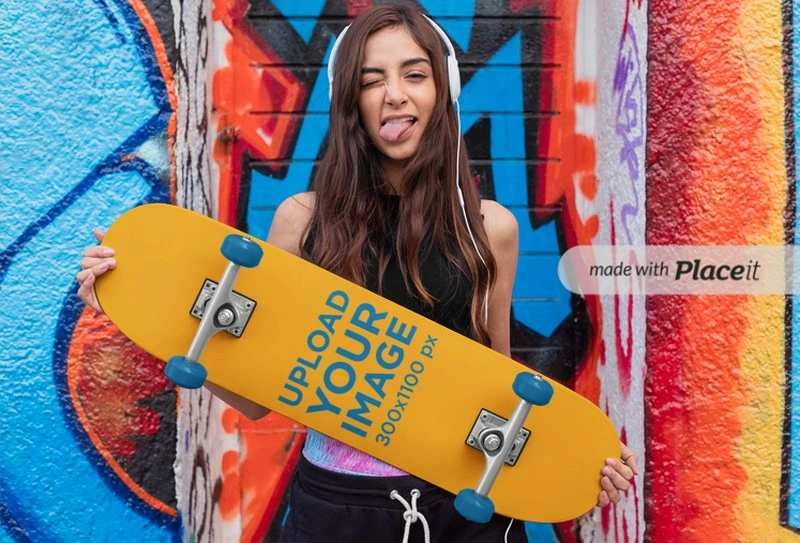 Skateboard Mockup Featuring a Young Woman with Headphones