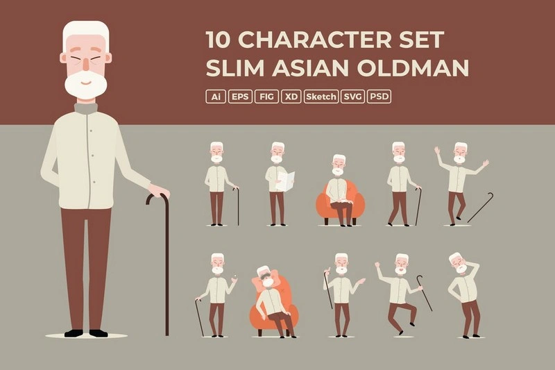 Slim Asian Old man - Character Set