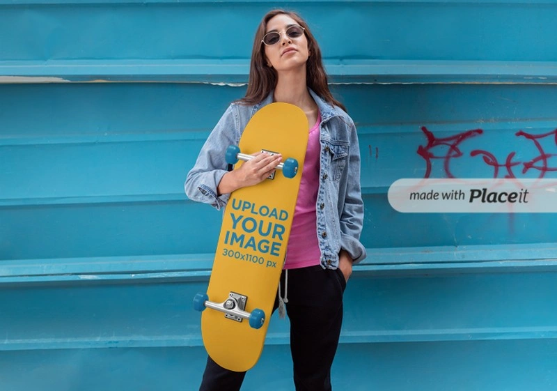 Woman Holding with Sunglasses Holding a Skateboard Mockup