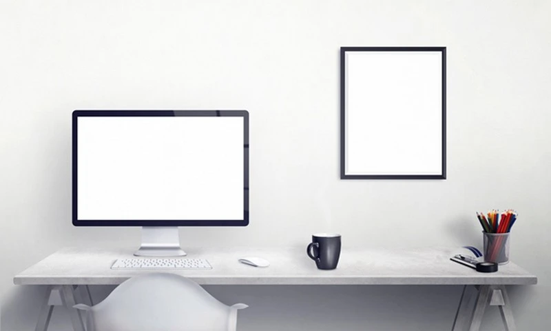 Apple Display, Desk and Poster Workspace Mockup